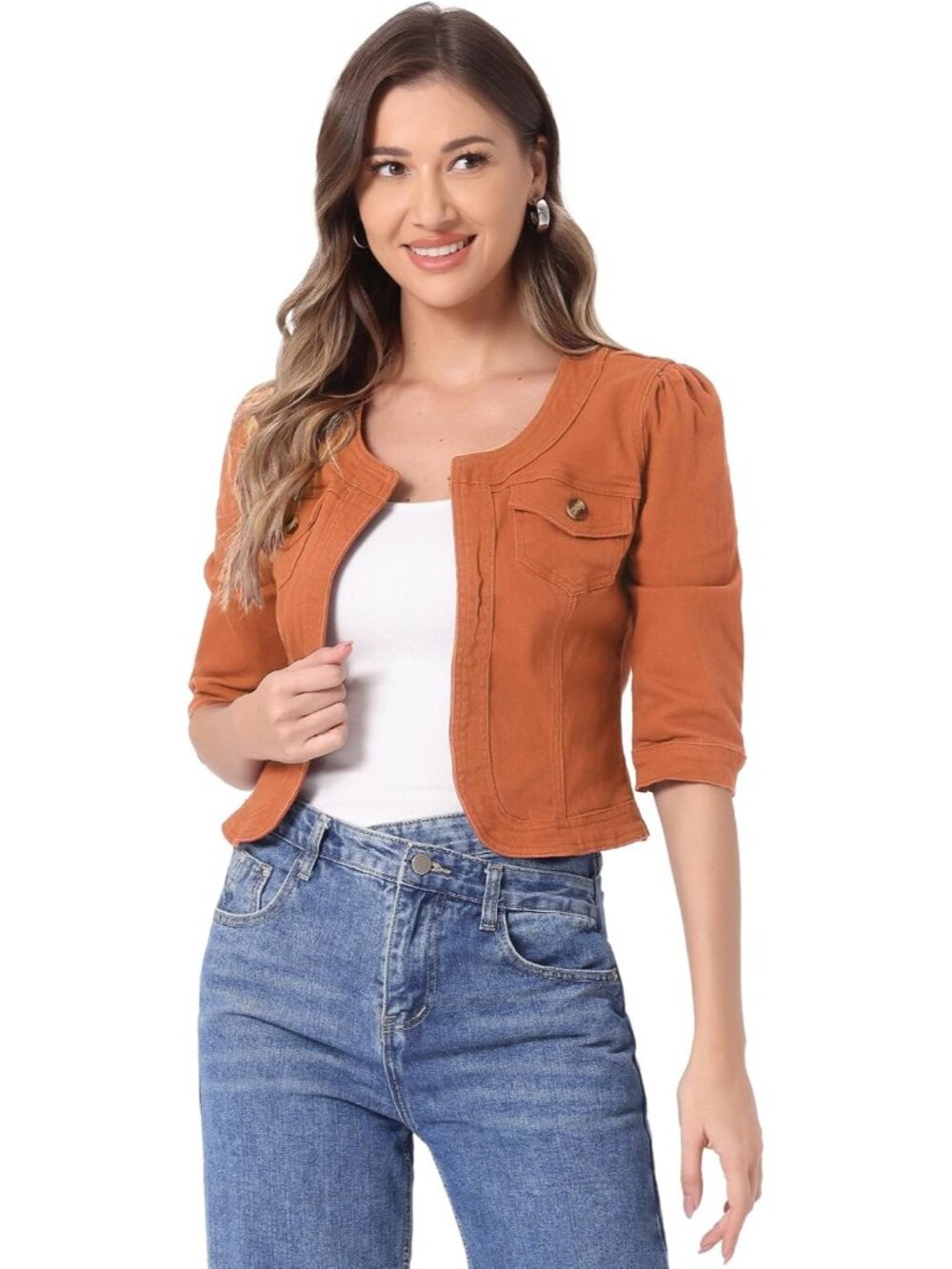 〽️Orange Women’s Cropped Jean Jacket | 3/4 Sleeve Collarless Denim Cardigan
